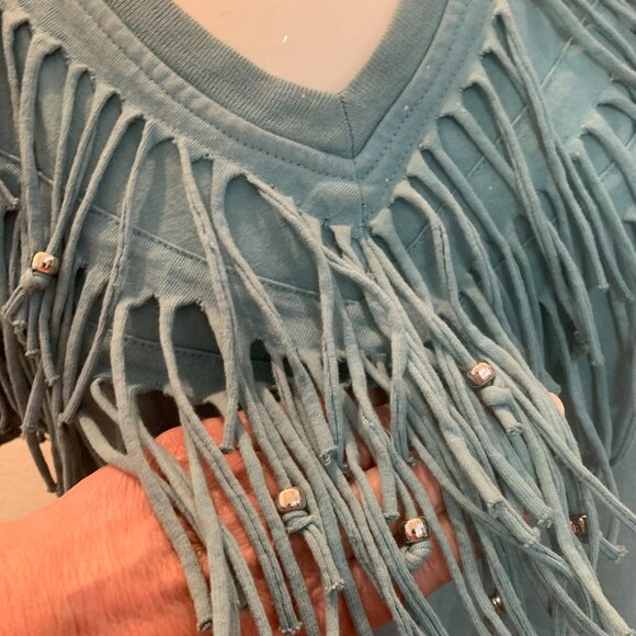 Ever Blue cotton fringe top with beads size L teal great condition - Picture 3 of 11